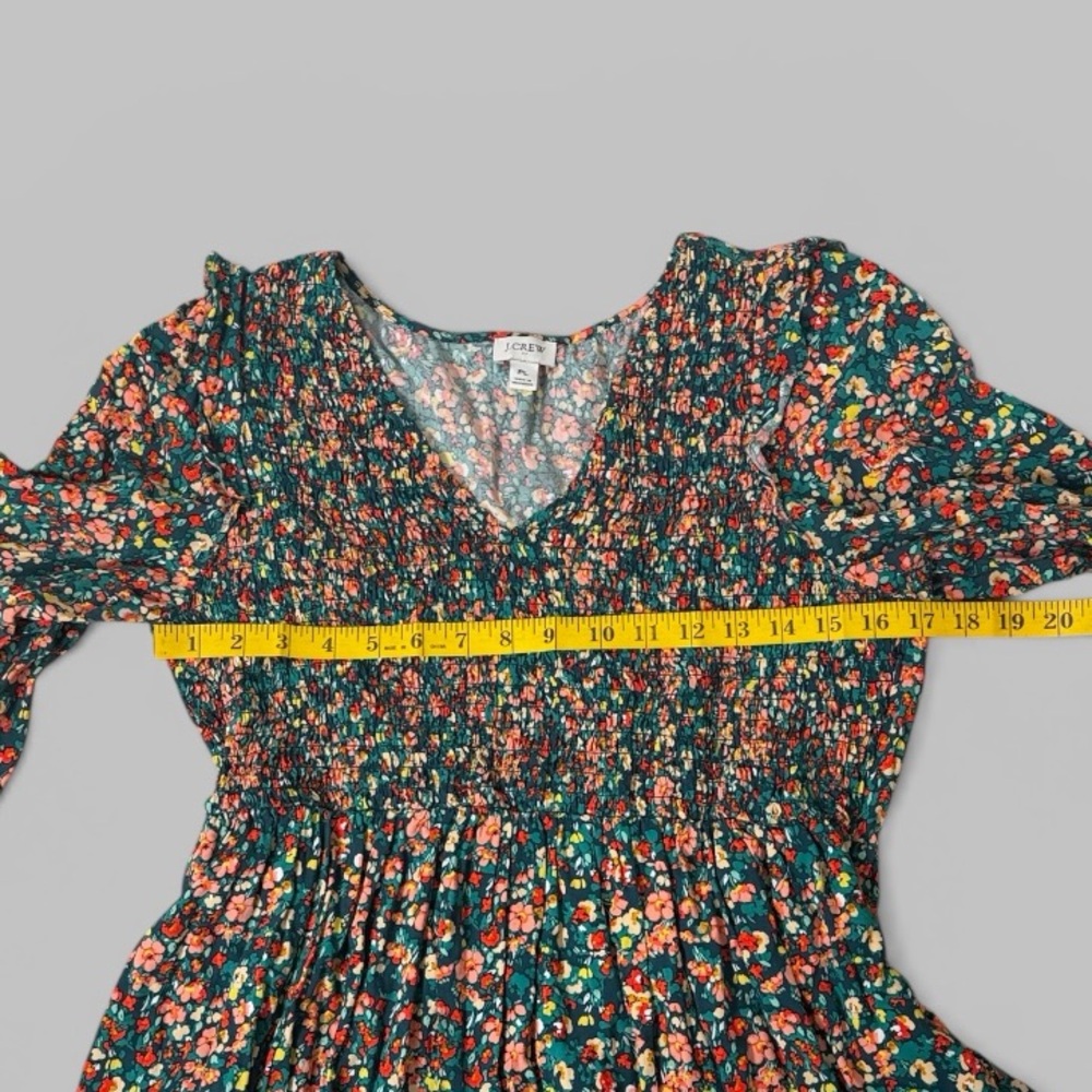 J. Crew V-Neck Smocked Green Floral Midi Dress - Picture 8 of 11